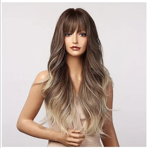 NWT Ash Blonde Wig Bangs Ombre Long Brown 26 Inch - Picture 3 of 7